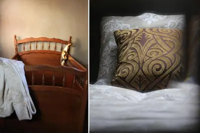 two pictures of a bed with a pillow on it at Trumpet House in Leuven