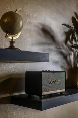 a black speaker sitting on a shelf next to a gold trophy at Hotel Onderbergen in Ghent