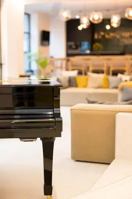 a black piano in a living room with couches at Wok Rooms in Brussels