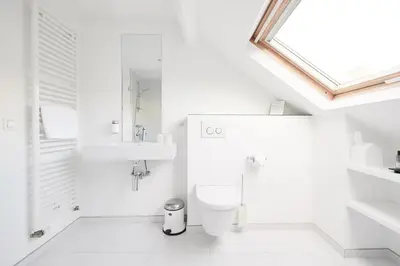 a white bathroom with a toilet and a sink at B&B X2Brussels in Brussels