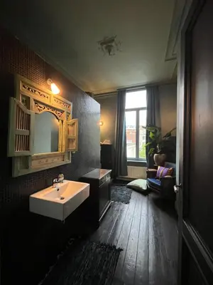 a bathroom with a sink and a mirror at Guesthouse Nights by Morpheus in Antwerp