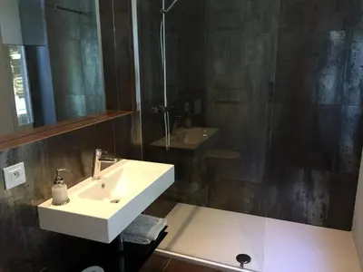 a bathroom with a sink and a shower at Albert Molière in Brussels
