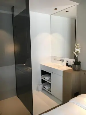 a bathroom with a sink and a mirror at De Koolputten in Waasmunster