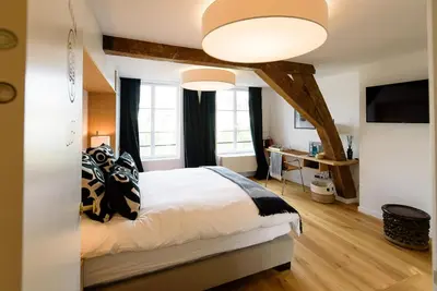 a bedroom with a large bed and a tv at Les Chambres de Martin in Brussels