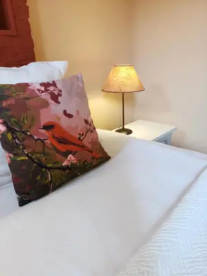 a red bird pillow sitting on a bed with a lamp at B&B La Ducale in Ghent