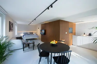 a living room with a kitchen and a bedroom at Snooz Ap Holiday & Business Flats in Ghent
