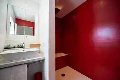 a bathroom with a sink and a red wall at Hotel Colvenier in Antwerp