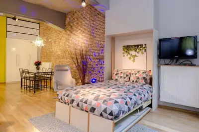a bedroom with a bed and a flat screen tv at BXLROOM Guesthouse in Brussels