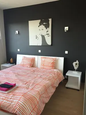 a bedroom with a bed and a black wall at Scheldepunt in Ghent