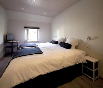 a large white bed in a room with a window at Sino in Dendermonde