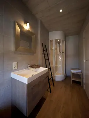 a bathroom with a sink and a mirror and a shower at Sino in Dendermonde