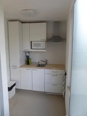 a small kitchen with white cabinets and a sink at B&B Goudvink in Schilde