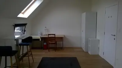 a room with a table and chairs and a room with a ceiling at B&B Wannes Suite in Leuven