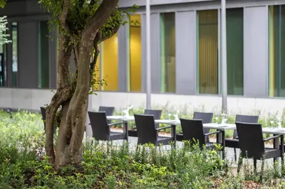 a table with chairs and a tree in front of a building at Radisson Hotel Brussels Centre Midi in Brussels
