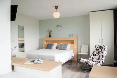 a bedroom with a bed and a desk and a chair at LOGIES Tuin der Zinnen in Rijkevorsel