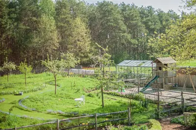 a garden with a playground and a tree at LOGIES Tuin der Zinnen in Rijkevorsel