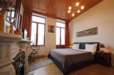a bedroom with a bed and a fireplace and windows at B&B Le Lys d'or in Brussels