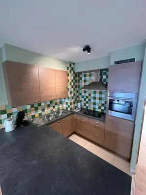 a kitchen with wooden cabinets and a stove top oven at Antwerp City Appartment in Antwerp