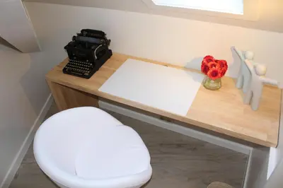 a desk with a toilet and a camera and a flower at Mille Étoiles in Moorsel