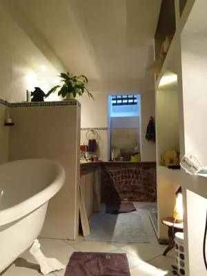 a bathroom with a sink and a tub in a room at Brugman in Brussels