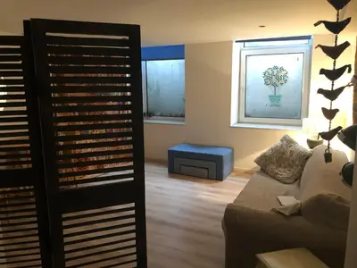 a living room with a couch and a window at Brugman in Brussels