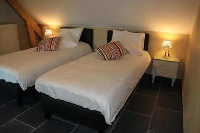 two twin beds in a room with a lamp at Logies Tommenmolen in Grimbergen