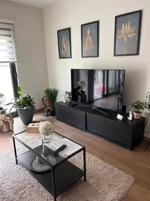 a living room with a tv and a coffee table at BnB Antwerp Centrum in Antwerp
