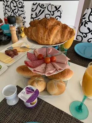 a table with a plate of bread and croissants at BnB Antwerp Centrum in Antwerp