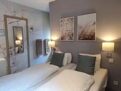 a bedroom with two beds and a mirror at Casa-Cosi, tourist & business suites & flats with reserved parking included, private sauna in Lokeren