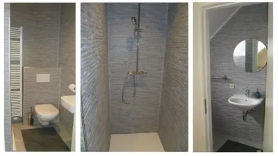 two pictures of a bathroom with a shower and a sink at B&B Handelshof in Lier
