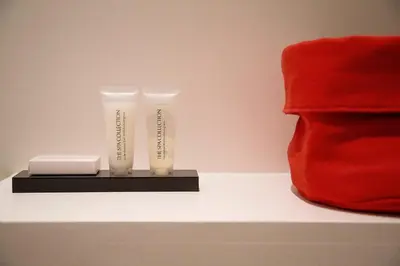 two tubes of moisturizers on a shelf next to a red bag at B&B Kava in Antwerp