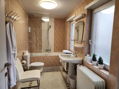 a bathroom with a sink and a toilet and a tub at Albert - Rooms in Mechelen