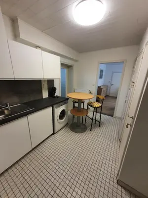 a kitchen with a table and a sink and a table at Mathilda - apartments in Grobbendonk