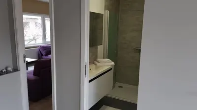 a bathroom with a sink and a mirror at Mathilda - apartments in Grobbendonk