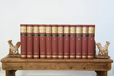 a row of books sitting on a wooden table at B&B De Hanewijkhoeve in Werchter