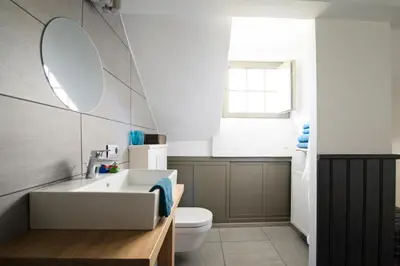 a bathroom with a sink and a toilet and a mirror at B&B De Hanewijkhoeve in Werchter