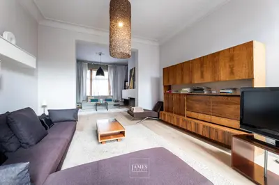 a living room with a couch and a tv at Rez/duplex 3 ch et jardin in Brussels