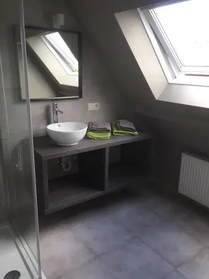 a bathroom with a sink and a mirror at Logies Berckelaer in Sint-Gillis-Waas