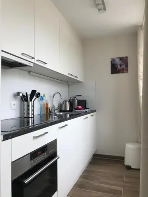 a kitchen with white cabinets and black appliances at Sainte Catherine amazing view in Brussels
