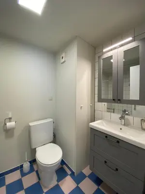 a bathroom with a white toilet and a sink at Sainte Catherine amazing view in Brussels