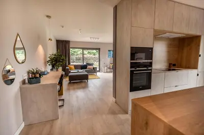 a kitchen and living room with a couch and a table at Abalona Hotel & Apartments in Dendermonde