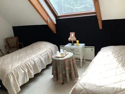 a bedroom with two beds and a table with a lamp at 't Vliethuys in Zwijndrecht