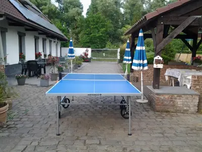 a blue ping pong table with two umbrellas at 't Vliethuys in Zwijndrecht