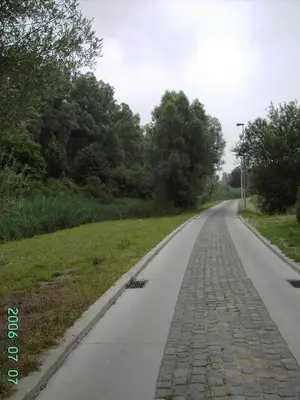 a cobblestone road in a field with trees at 't Vliethuys in Zwijndrecht