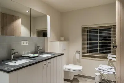 a bathroom with a sink and a toilet and a mirror at B&B De Windheer in Sint-Martens-Lennik