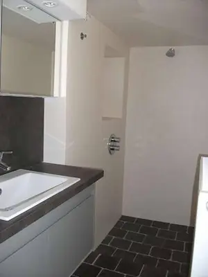 a bathroom with a white sink and a mirror at Geldmunt Apartment in Ghent