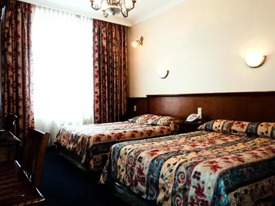 a hotel room with two beds and a window at Hotel Continental Gare du Midi in Brussels
