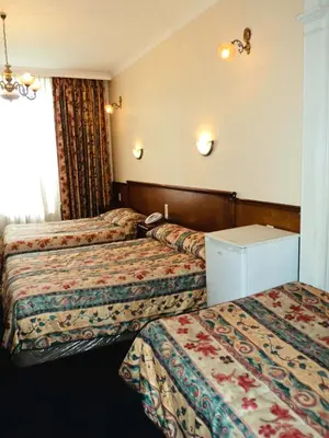 a hotel room with two beds and a window at Hotel Continental Gare du Midi in Brussels