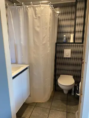 a bathroom with a toilet and a shower curtain at Appartement Ledeberg in Ghent