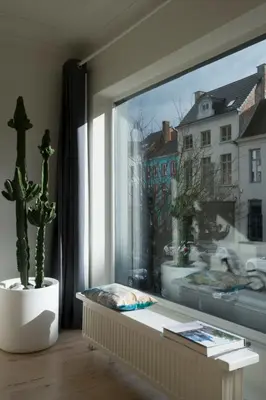 a room with a window with a cactus and a table at PM87- Modern stylish home in Antwerp